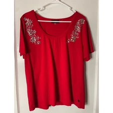 Karl Lagerfeld Paris Red Embellished Top XL Women's Short Sleeve