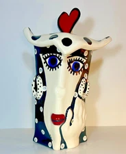 Jerilynn Babroff 17" Cookie Jar Face Vase Signed Heart Lid Modern Art Pottery