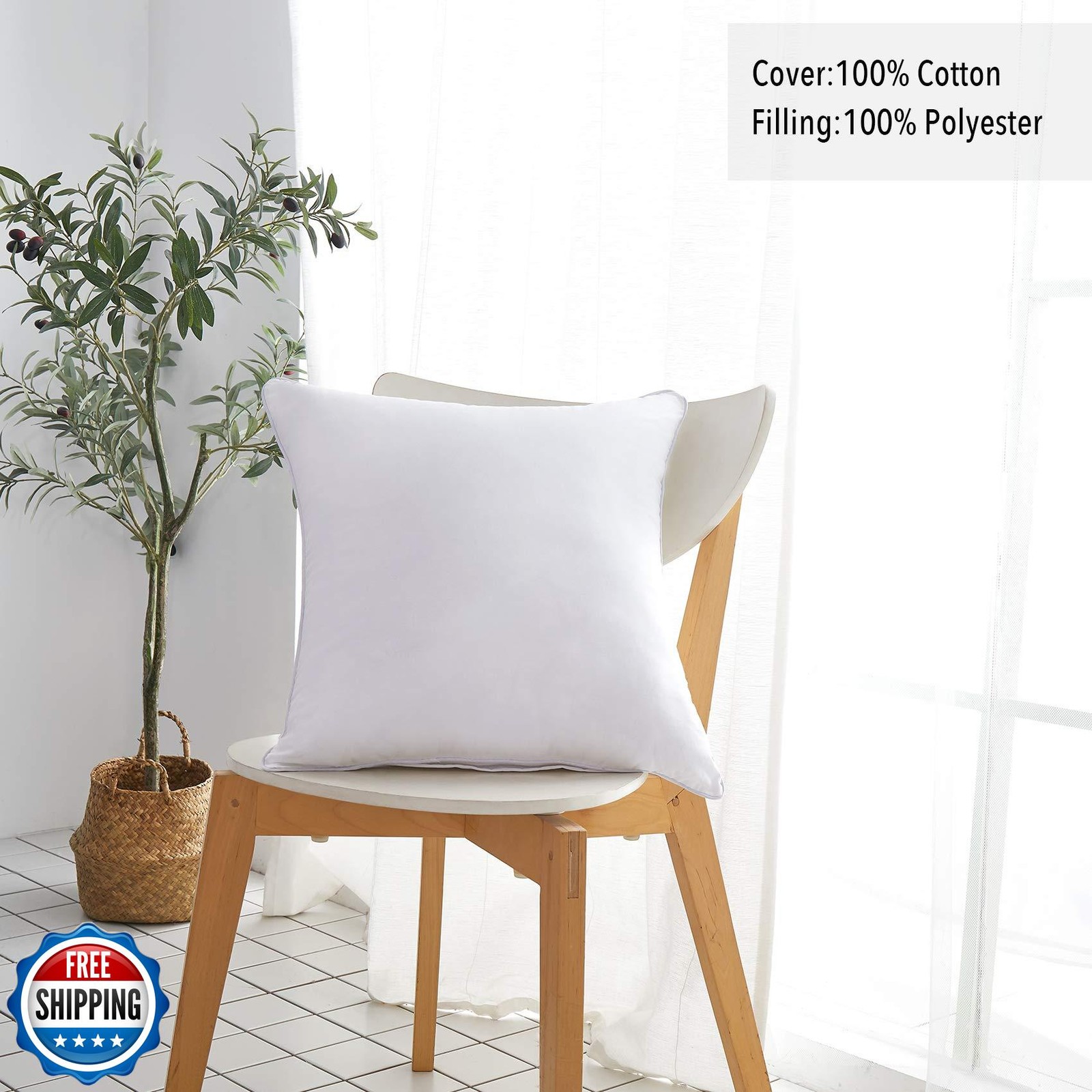 Oubonun 22 x 22 Throw Pillow Inserts (Set of 2) with 100% Cotton 