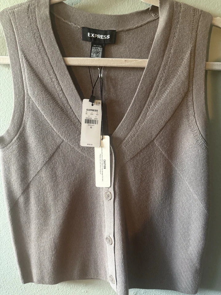 Suéter Chaleco Express Para Mujer Sin Mangas Tejido Botón Delantero Talla XS Taupe Nuevo con Etiquetas Foto 2 de 3
