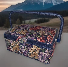 VTG Sewing Basket Box Blue Floral Fabric Plastic Woven Handle includes ripper