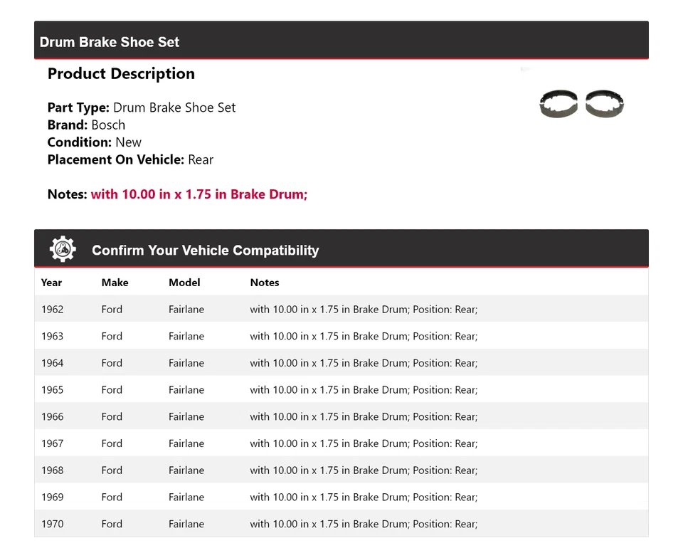 Juego de zapatas de freno de tambor traseras para Ford Fairlane Bosch 1962-1970 1963 1964 1965 1966 Foto 2 de 4