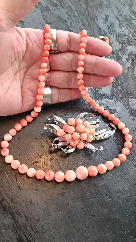 Natural Japanese Angel Skin Pink Coral Necklace 25 inch. & Brooch