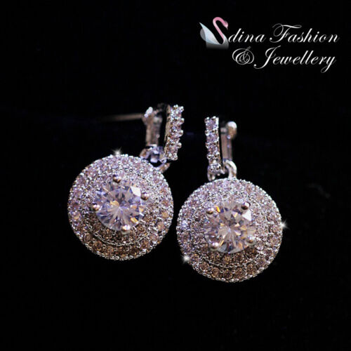 18K White Gold Plated Made With SWAROVSKI Crystal Double Halo Stud Earrings - Imagen 1 de 5