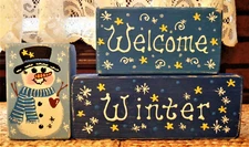 DISTRESSED 3 Pc Welcome Winter WOOD BLOCK Shelf Sitter RUSTIC Set Snowman Winter