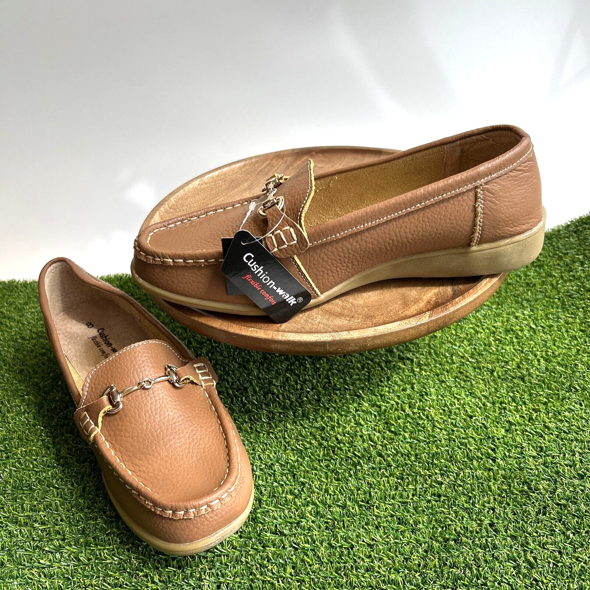 Cushion Walk Womens Leather Loafers Shoes Tan Brown Comfort Work