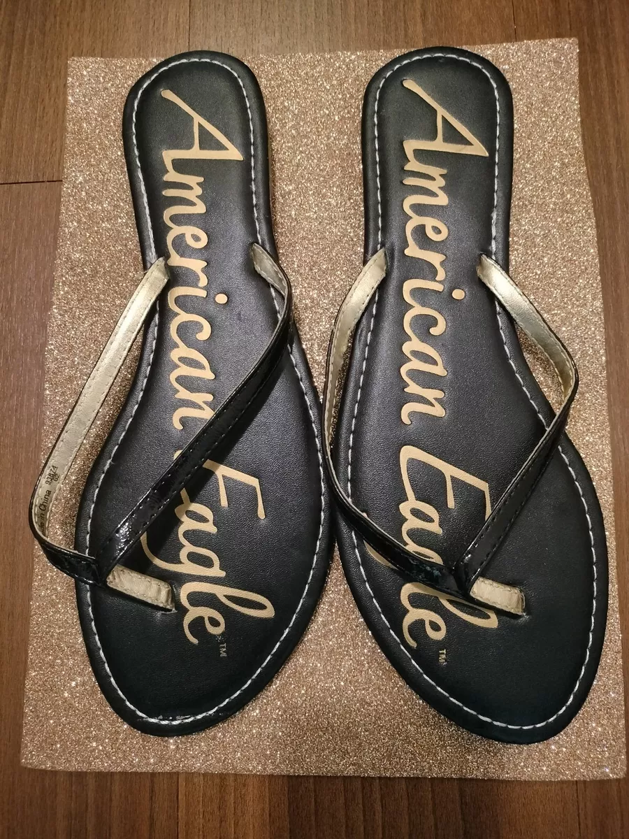 American Eagle Black/Gold Flip Flops AE Thongs Size 11 Women '