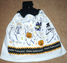 1 Crochet Top Hanging Kitchen Towel Halloween Ghosts, Single black yarn