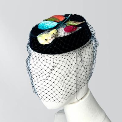 Vintage 1950s Black Velvet Pillbox Hat Fruit, Vines Leaves Veil Union Made Union Made 1950s vintage pillbox hat Black Velvet Veil  main image 4