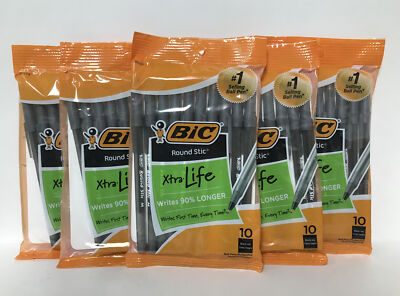 (5) BIC Round Stic Xtra Life Ballpoint Pen-Medium Point (1.0mm)-Black-10ct. Each