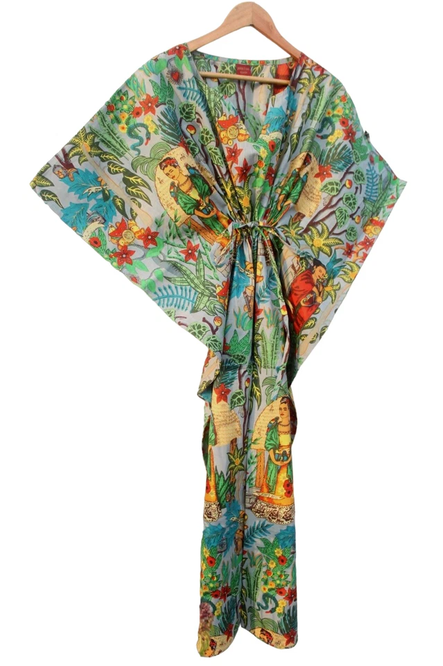 Indian Vintage 100% Cotton Long Beach Maxi Kaftan Dress One Size Caftan Kimono - Image 3 of 4