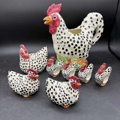Wang s Vtg Ceramic Chicken Pitcher Salt Pepper Napkin Cottage Core Country Set 9