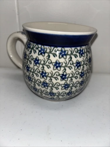 Vintage Polish Pottery Blue Flowers Green Leaves Mug 4 Inches Tall Handmade