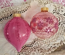 PINK Glass Tear Drop Christmas Ornament Robert Stanley Victorian Tree Set of 2
