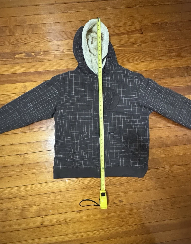 Volcom Men’s XL Sherpa Lined Hoodie Jacket Full Zip Grid Pattern Brown - Image 2 of 4