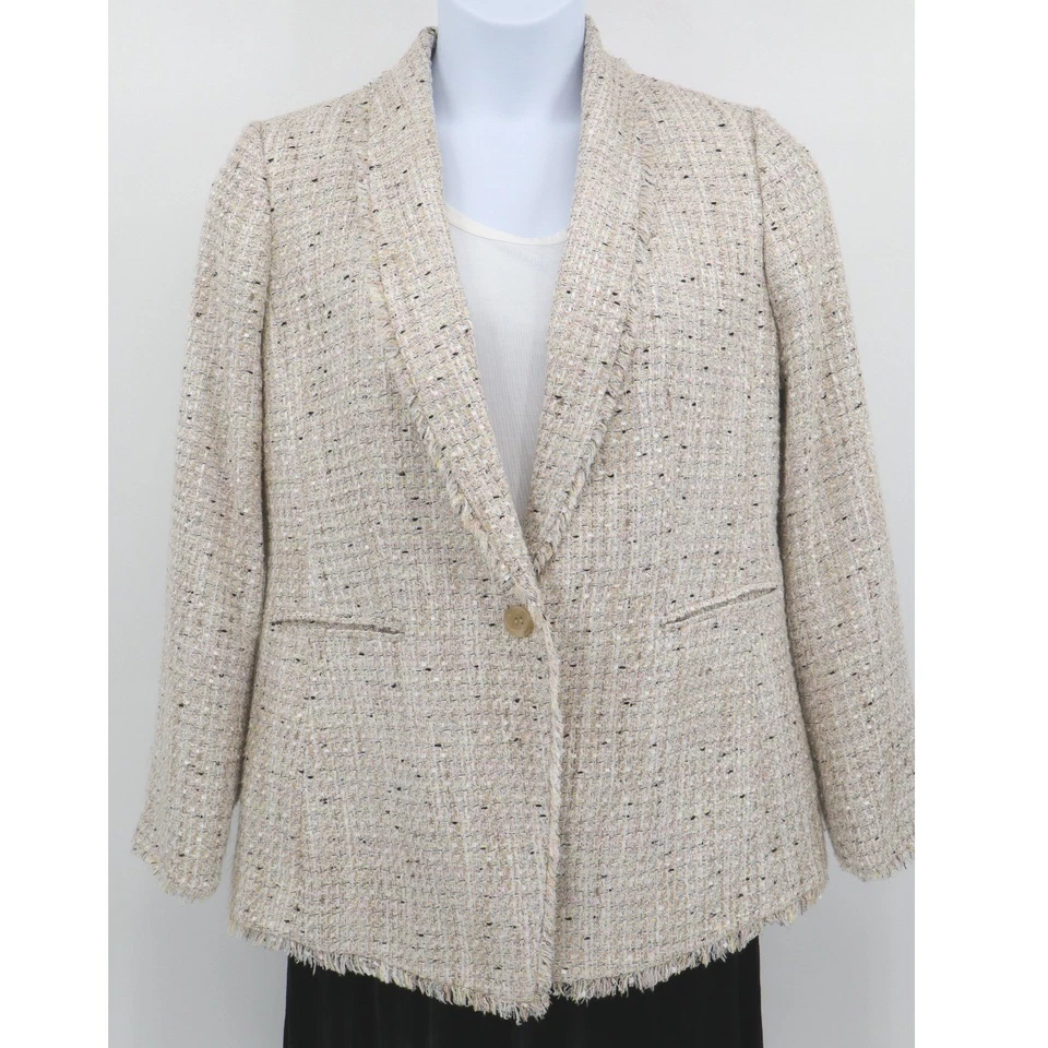Blazer Ann Taylor Crema Tweed Borde con Flecos Forrado Imitación Bolsillo Dos Botones Talla 12 Foto 2 de 4