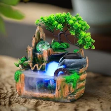 Indoor Water Fountain W/LED Lamp Tabletop Waterfall Mist Rockery Feng Shui Decor