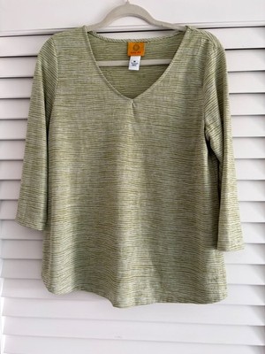 Ruby Red Top T-Shirt (M) Shades of Spring Green Horizontal Stripes EUC