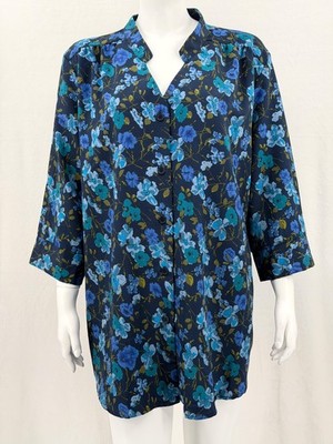Vintage A Personal Touch Top Womens 1X Navy Dark Floral Button Up Retro Boho