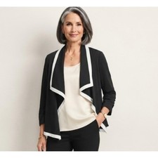 Evan-Picone Womens Black White Open Front Draped Blazer 3/4 Ruched Sleeve Size 8
