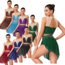 Womens Outfits Set Dress Back Dancewear Cha-Cha Sleeveless 2-piece Dance Modern