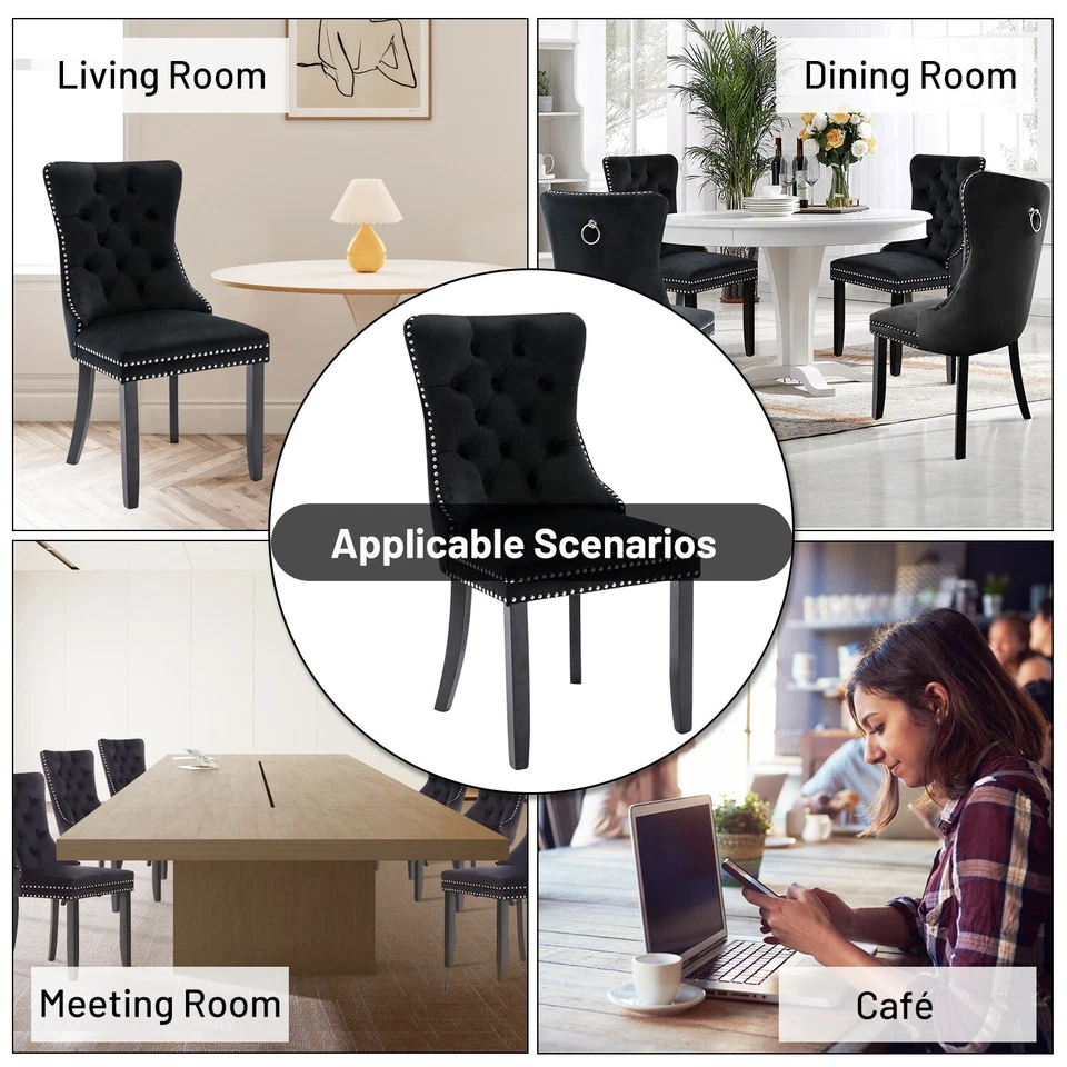 Juego de 2 sillas de comedor modernas de terciopelo sillas laterales tapizadas con cabeza de clavo Foto 4 de 4