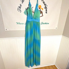 Women's Blue Green Multicolor V-Neck Spaghetti Strap Maxi Long Dress L
