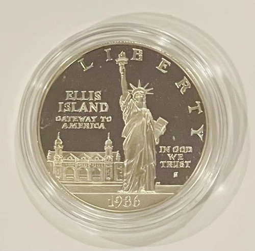 Proof 1986-S Ellis Island Statue Liberty 90% Silver Dollar W/Protective Capsule