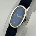 VTG Timex Hand-Winding Mechanical Watch Women Silver Blue Long Oval Nylon Band