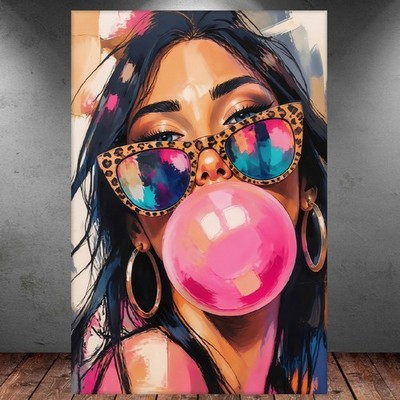 LEINWAND BILD ER XXL ABSTRAKT FRAU GESICHT BUBBLE GUM ROSA BUNT WAND POSTER 2565
