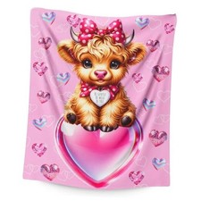 Blanket for Girls, Highland Cow Throw Blanket Gifts for Kids 50"x40" Pink/Brown