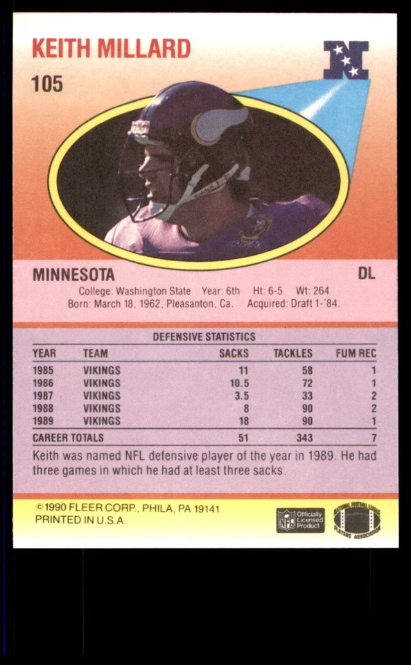 1990 Fleer Keith Millard Minnesota Vikings #105 - Image 2 of 2