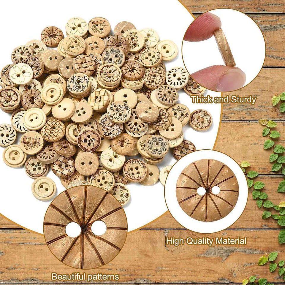 160x Coconut Shell Flat Buttons 2-Hole Button Round Brown for Cloth Dress Decor - Image 4 of 4