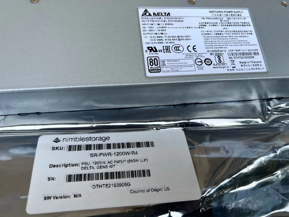 Delta DTQ1201AN12F11 Nimble AF204060 1200W Power Supply Plus 80 G2U - Image 2 of 4