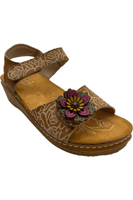 L'Artiste by Spring Step Leather Wedge Sandals Cuteness Camel Multi