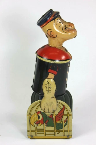 1935 WALKING POPEYE & Parrot Cages w/ Original Box Louis Marx Tin Windup - WORKS