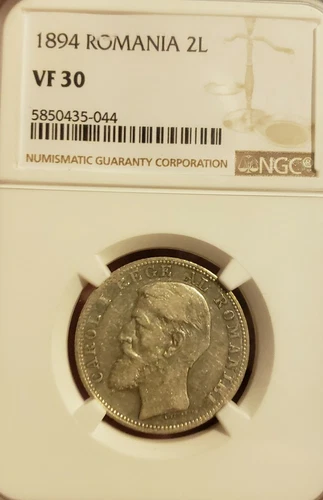 1894 2 Lei Silver.  Romania. Brussels Mint. Carol I . NGC VF 30