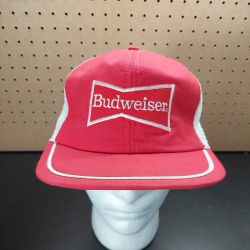 Vintage Budweiser Snapback Mesh Trucker Hat Cap Red White Patch Made in USA 80s