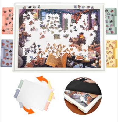 1000 Pieces Rotating Plastic Puzzle Board with Drawers and Cover, 30''X22'' Portab