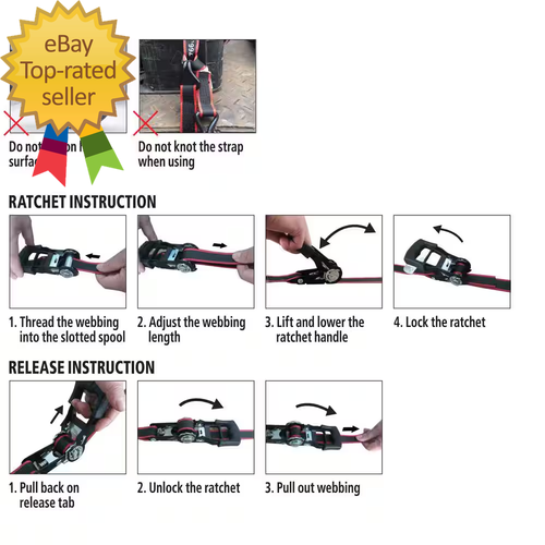 12 Fuß x 1 Zoll Ratschenzurrgurte mit S-Haken (4er Pack) - Bild 7 von 9