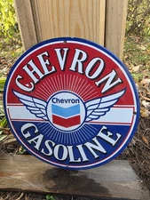 VINTAGE CHEVRON PORCELAIN GAS PUMP SIGN 12" CLASSIC GAS & OIL MEMORABILIA.