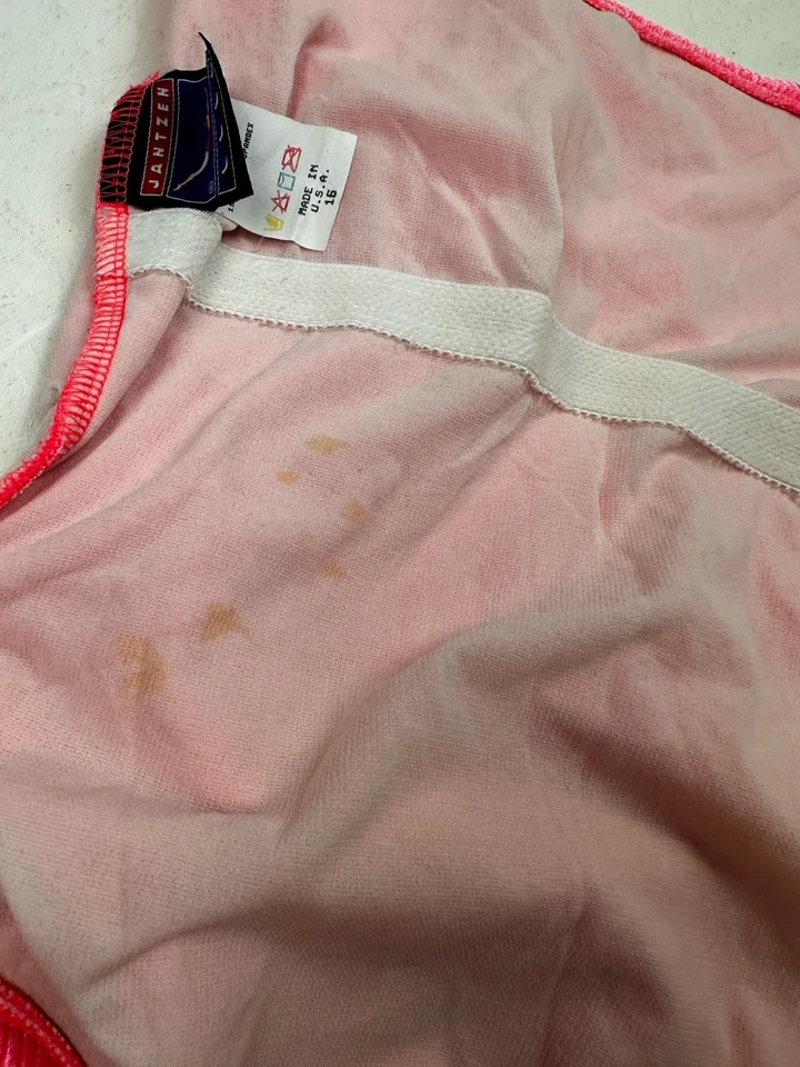 Traje de baño vintage Jantzen de una pieza acanalado cuello redondo años 80/90 rosa neón ≈ talla 16 Foto 4 de 4