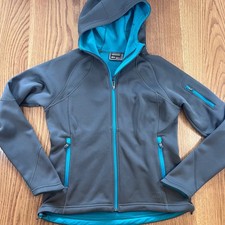 REI Women M Grey Blue Fleece Lined Hooded Full Zip Outdoor Jacket Pockets A5