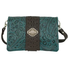 American West Womens Large Grab and Go Dark Turquoise Leather Crossbody Bag OS
