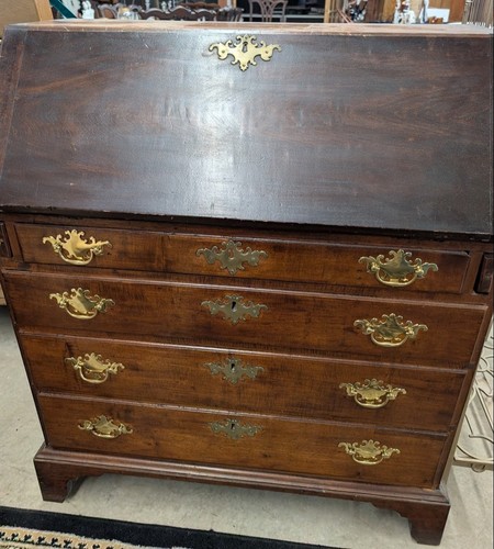 Early 18th Century Walnut Fall Front Desk W/Brass Handles + OG Key Covers