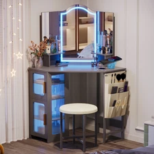 LVSOMT LED Corner Vanity Desk Set w/ Mirror, Storage & Stool – White