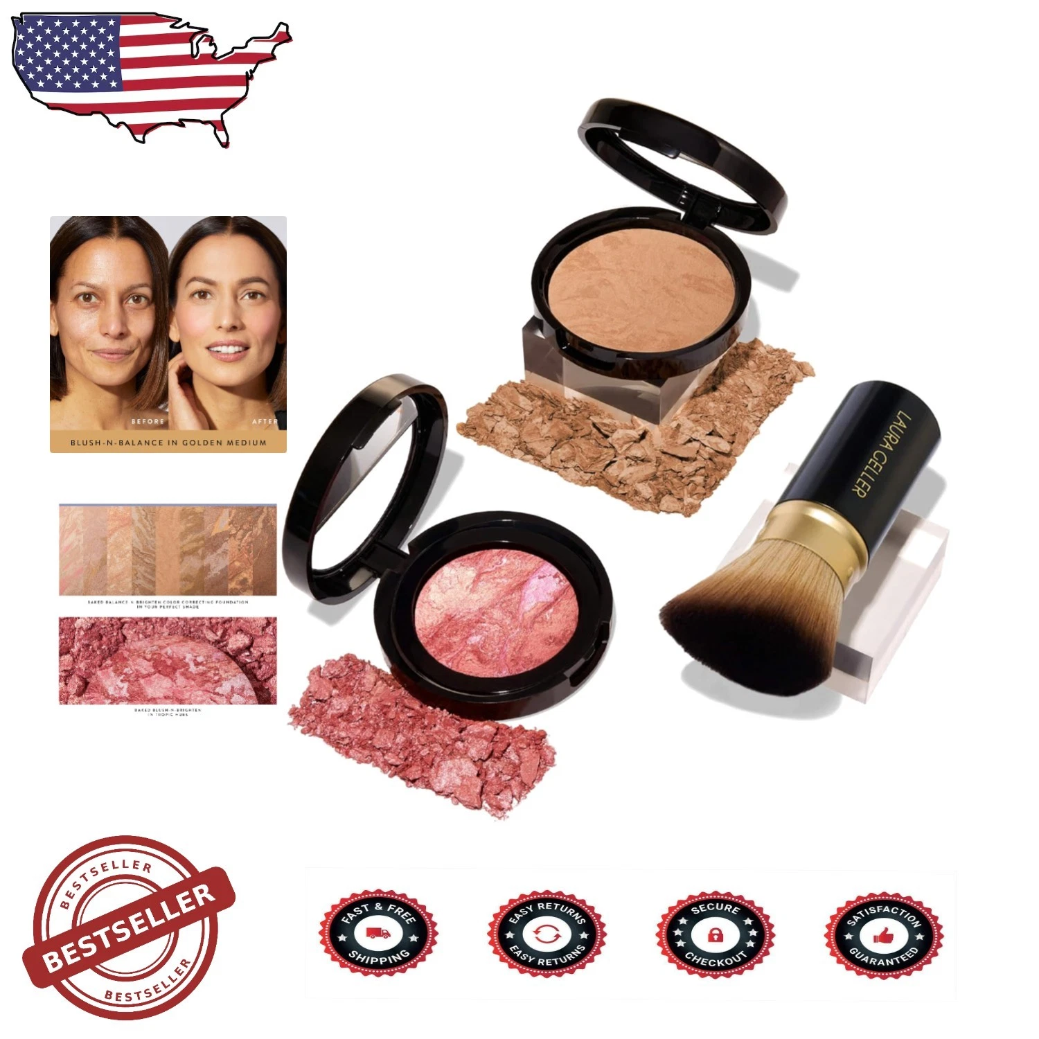 3pc Kit: Baked Foundation Golden Medium, Blush, Kabuki Brush