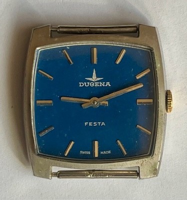 Vintage DUGENA FESTA Blue Dial TV Screen Case Swiss Made Cal. 809 FHF 35