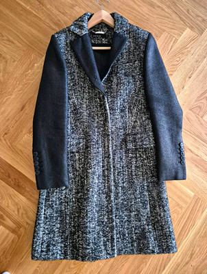 Karen Millen Damen Tweed Mantel halblang gefüttert Schwarz/Grau EU 40 Knopf