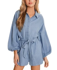 Cupshe Womens Denim Puff-Sleeve Tie-Waist Romper, Large